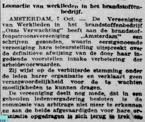 Bericht over de Vereeniging Werklieden In het Brandstoffenbedrljf „Onze Verwachting", bron: De Telegraaf van 8 okt. 1920.  