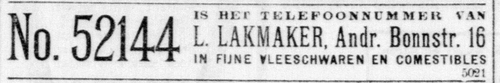L. Lakmaker in Comestibles, Andreas Bonnstraat 16, bron: De Telegraaf van 19 maart 1924  
