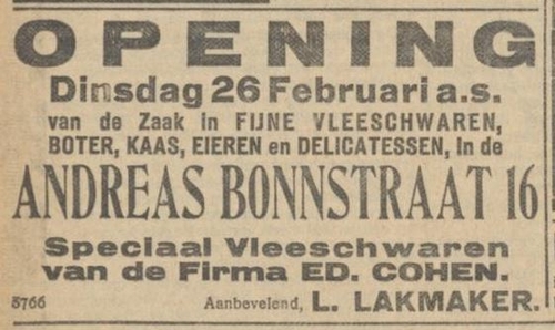 L. Lakmaker in Comestibles, Andreas Bonnstraat 16, bron: het N.I.W. van 22 feb. 1924  