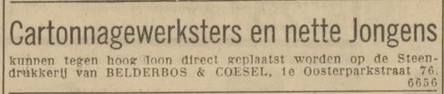 Advertentie van Belderbos & Coesel, bron: De Courant, het Nieuws v.d. Dag van 20 oktober 1928  