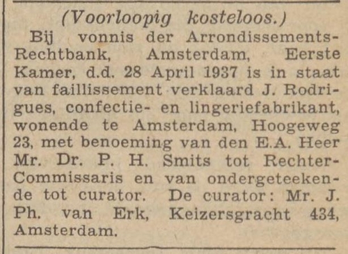 Artikel over de failliet verklaring van J. Rodrigues, de voormalige werkgever van dochter Roosje, bron: Alg. Handelsblad van 29 april 1937  