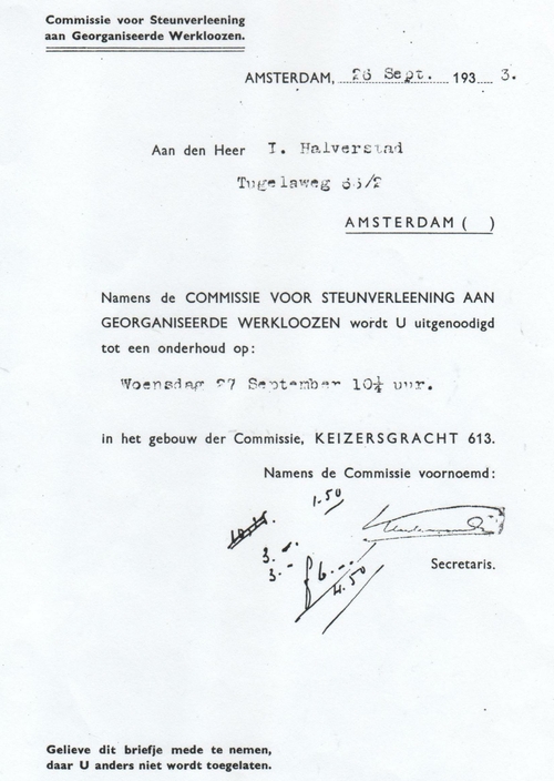 Briefje van de Commissie van Steunverl. etc. aan Isaäc dat hij zich ‘moet melden voor een onderhoud’. Bron: Dossier Maatschappelijke Steun   