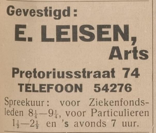 Bericht over de vestiging van Dr. Leisen in de Pretoriusstraat 74, bron: Centraal Blad voor Isr. in Ned. van 15 mei 1931  