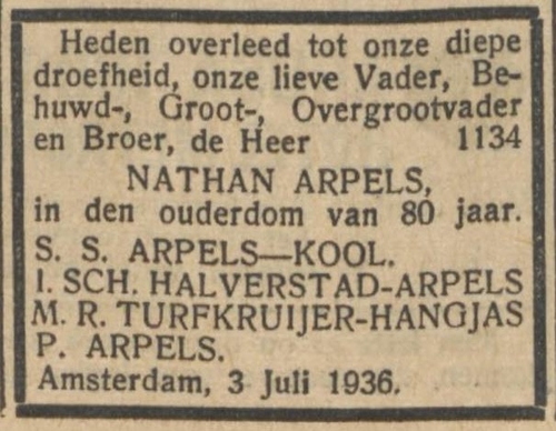 Overlijdensbericht van Nathan Arpels, bron: NIW van 10 juli 1936  