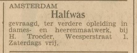 Advertentie voor H. Troeder, Weesperstraat 1, bron: Het Volk van 30 april 1934  