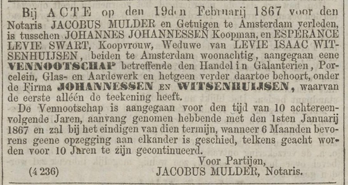 Bericht van m.b.t. een notariële akte tussen Esperence Swart en een tweede partij over een samenwerking. Bron: Alg. Handelsblad van 21 februari 1867     