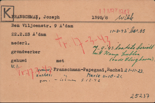 Kaart Joodse Raad van Jozeph Franschman, stiefzoon van Isaäc Halverstad, bron: Arolsen Archives  