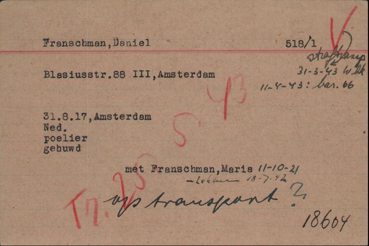 Kaart Joodse Raad - 1- Daniël Franschman, bron: Arolsen Archives  