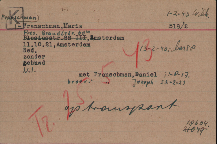 Kaart Joodse Raad Marie Franschman - Franschman, bron: Arolsen Archives  