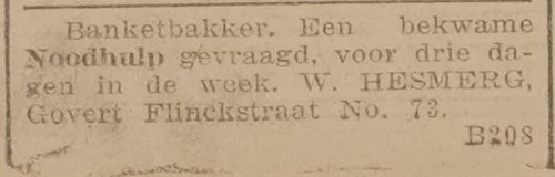 Advertentie van bakker Hesmerg die een noodhulp zoekt, bron: De Courant van 13 december 1916  