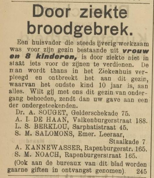Artikel en advertentie voor de hulp aan arme gezinnen, het Centraal Blad voor Isr. in Ned. van 30 augustus 1918  