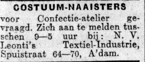Advertentie van Leonti, Spuistraat 64 – 70, bron: Het volk van 10 oktober 1925  