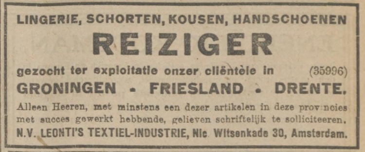 Advertentie van Leonti om aan te tonen dat het een groot bedrijf was, bron: Alg. Hand. van 2 augustus 1924  