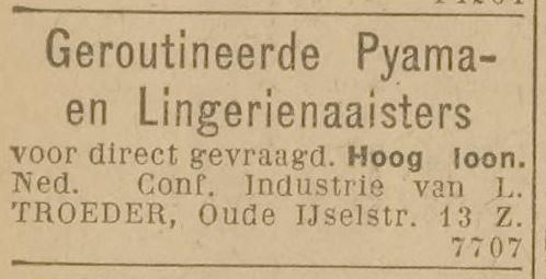 Advertentie L. Troeder, bron: De Courant Nieuws v.d. Dag van 27 oktober 1927  