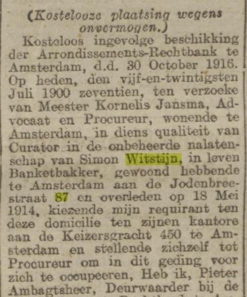 Artikel m.b.t. de nalatenschap van Bakker Simon Wijtstijn, bron: Alg. Handelsblad van 27 juli 1917  