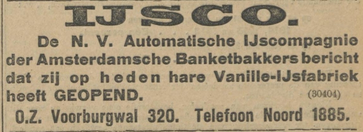 IJSCO, De N.V. Automatische IJscompagnie der Amsterdamsche Banketbakkers, bron: Alg. Handelsblad van 28 augustus 1913  