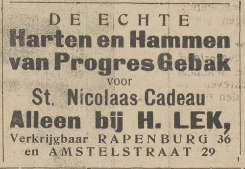 Advertentie van Bakker Lek, Rapenburg 36, bron: Centraal Blad voor Isr van 3 december 1920.  