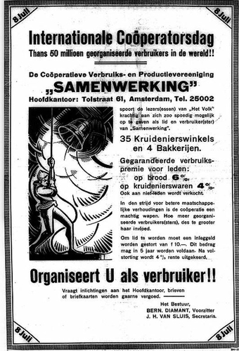 Paginagrote advertentie van de Coöp. Samenwerking, bron: Het Volk van 8 juli 1931  
