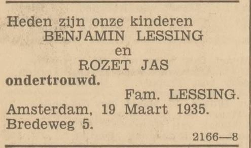 Familiebericht over de ondertrouw van Rozet Jas met Benjamin Lessing, bron: Het Volk van 19 maart 1935  