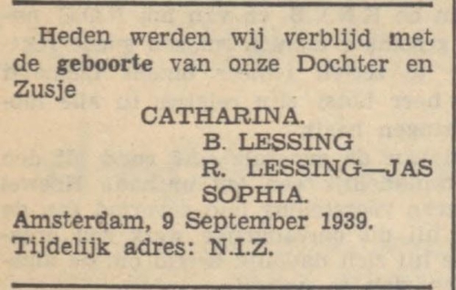 Familiebericht over de geboorte van Catharina Lessing, zusje van Sophia. Bron: Utrechts Volksblad van 11 september 1939  