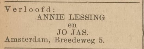 Aankondiging verloving (Jo)ël Jas en Annie Lessing, bron: Centraal Blad voor Isr. in Ned. van 16 januari 1936  