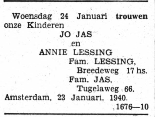 Huwelijk van  (Jo)ël Jas en Annie Lessing, bron: Het Volk van 23 januari 1940  