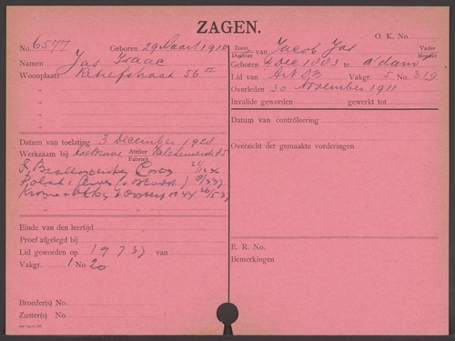 Leerlingenkaart ANDB van Isaac Jas, bron: archief ANDB – IISG   
