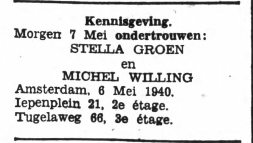 Aankondiging van de ondertrouw van Michel Willing en Stella (Sara) Groen, bron: het Volk van 6 mei 1940  
