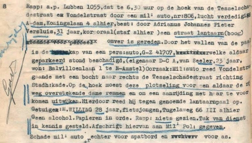 Politiebericht van Wijkbureau Leidseplein m.b.t. ongeluk waar Michel Willing getuige van was, bron: indexen SAA  