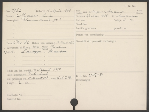 Leerlingenkaart ANDB van Levie Mauw, bron: IISG, archief ANDB  