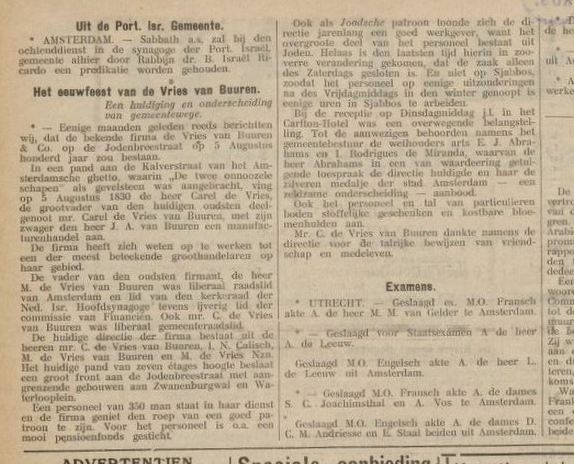Viering van het eeuwfeest van De Vries en Van Buuren, bron: Weekblad voor Israëlietische huisgezinnen; uitgegeven vanwege de Vereeniging van Joodsche Wetenschappen te Rotterdam, jrg 61, 1930, no. 32, 08-08-1930  