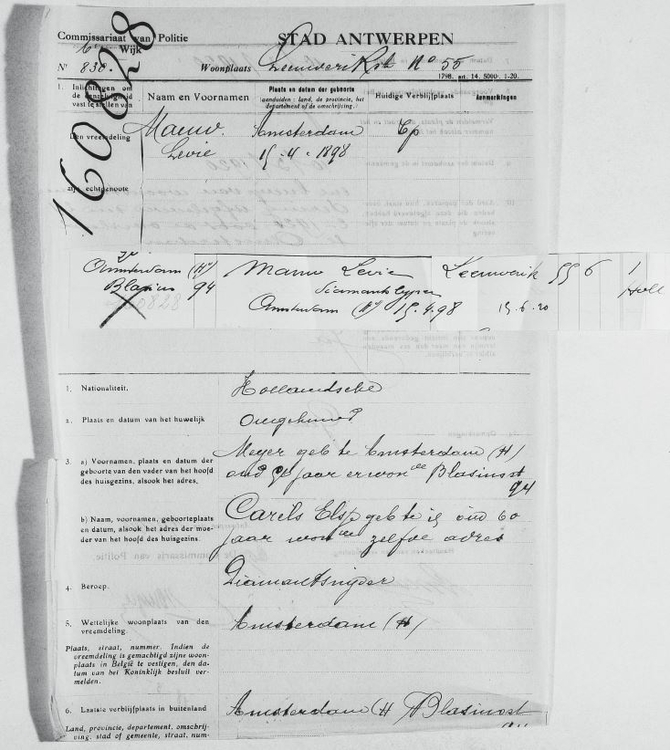 Aanvraag tot Verblijf van Levie Mauw, deel 1, in Antwerpen op 10 maart 1920, bron: Felix Archief  