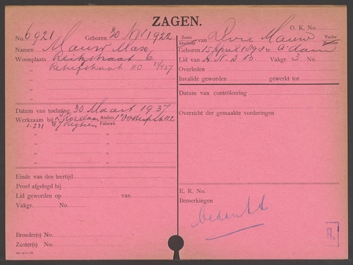 Ledenkaart ANDB van Max Mauw, bron: IISG archief ANDB  