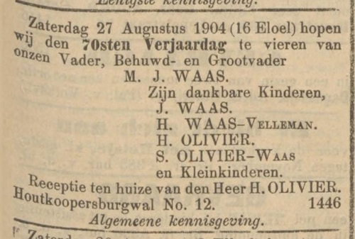 Familiebericht waarin het huisadres van Hartog Olivier, Houtkopersburgwal 12. Bron: Het NIW van 19 augustus 1904  