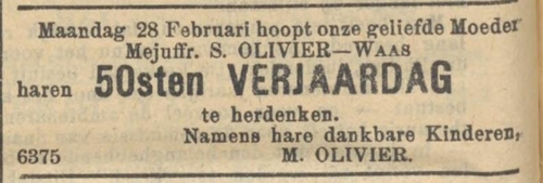 Berichtje over de 50ste geboortedag van Mejuffr. S. Olivier – Waas, bron: het NIW van 25 februari 1910  
