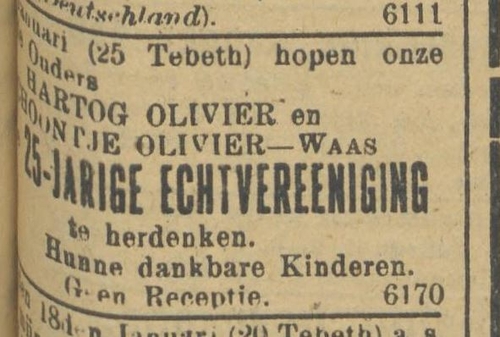 Berichtje, slecht leesbaar, over de 25ste huw.dag van het echtpaar Olivier – Waas, bron: het NIW van 16 januari 1914.  