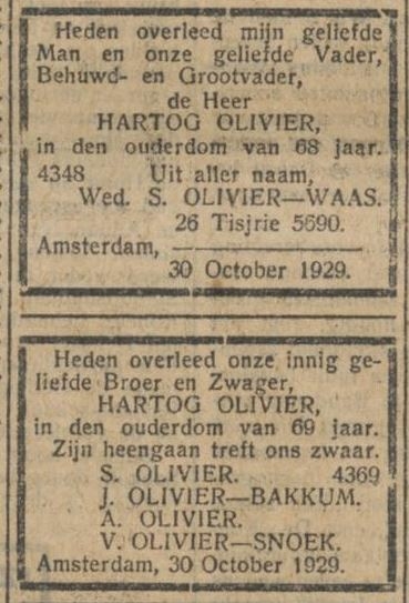 Overlijdensbericht van Hartog Olivier, bron: Het NIW van 1 nov. 1929  