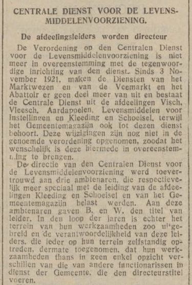 Artikel over de Centrale Dienst Levensmiddelenvoorziening, bron: De Tijd van 5 feb. 1930  