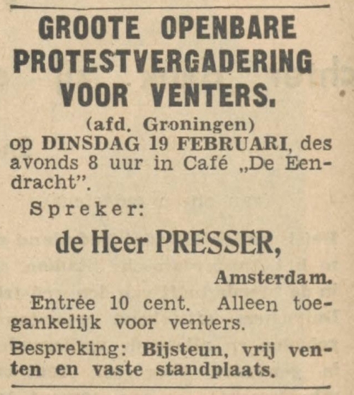 Oproep voor protestvergadering, bron: Nieuwsblad van het Noorden van 18 feb. 1935   