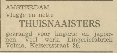 Adv. voor lingeriefabriek VOLMA, bron: Het Volk van 18 mei 1935  