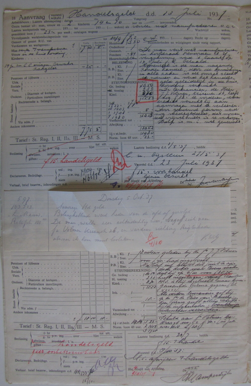 Blad uit het dossier van april 1937 met Handelsgeld en controlebriefje, bron: dossier Maatschappelijke Steun Levie Mauw.  