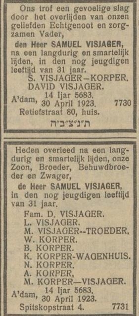 Familiebericht na het overlijden van Samuel Visjager, de jongere broer van Levie. Bron: het NIW van 4 mei 1923.  