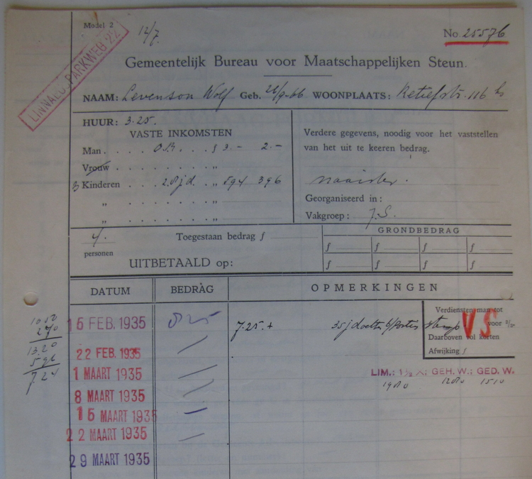 Formulier ter bepaling hoogte uitkering aan Wolf, bron: het Dossier Maatschappelijke Steun (1904) van Wolf Levenson  