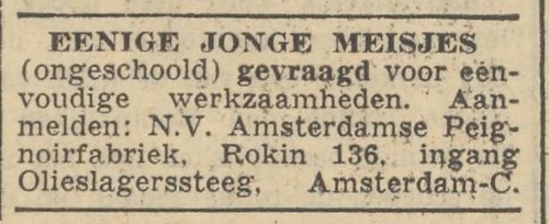 Advertentie voor de NV Amsterdamse Peignoirfabriek ingang in de Olieslagerssteeg, hoek Rokin. Bron: Christelijk sociaal dagblad voor Nederland De Amsterdammer van 09-02-1940  