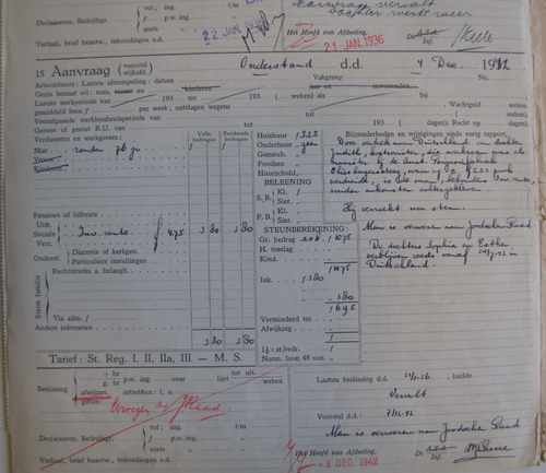 Mededeling omtrent de aanvraag voor Onderstand in dec. 1942, bron: het Dossier Maatschappelijke Steun (1904) van Wolf Levenson  