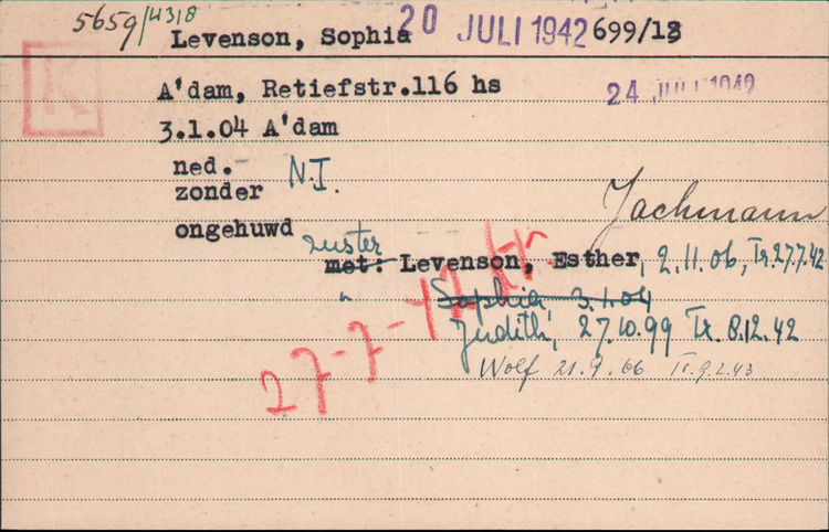 Kaart Joodse Raad van Sophia Levenson, bron: Arolsen Archives  