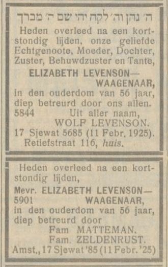 Familiebericht na het overlijden van Elisabeth Levenson – Waagenaar op 11 februari 1925. Bron: Het NIW van 13 feb. 1925.  