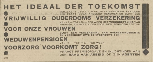 Advertentie voor de Vrijwillige Ouderdoms Verzekering in het Centraal Blad voor Isr. in Ned van 28 april 1933  