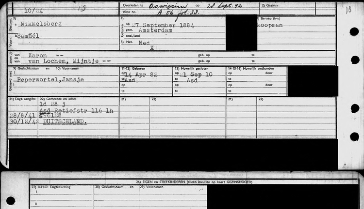 Archiefkaart van Samuel Nikkelsberg. Bron: Indexen SAA  