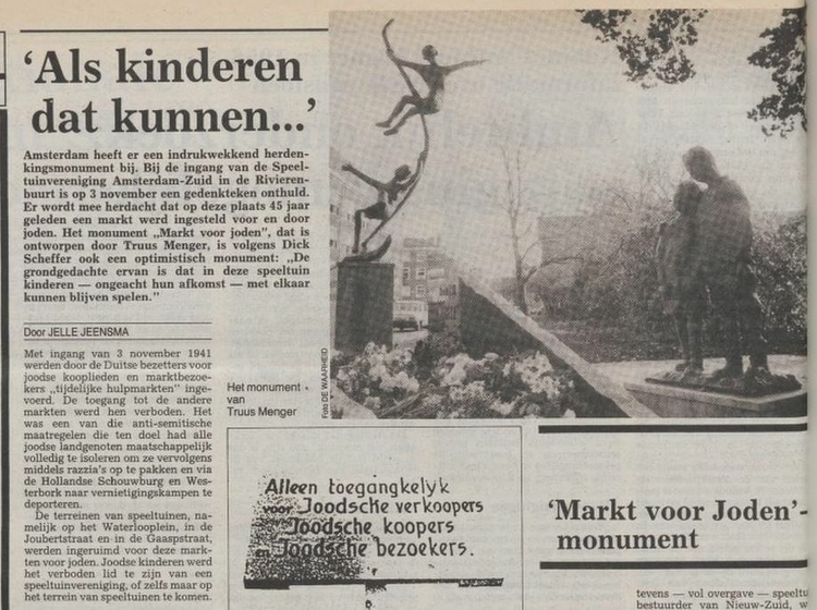 Artikel (deels) over de Joodse markten uit de Tweede Wereldoorlog en de komst van een herdenkingsmonument, bron: De Waarheid van 15 november 1986  